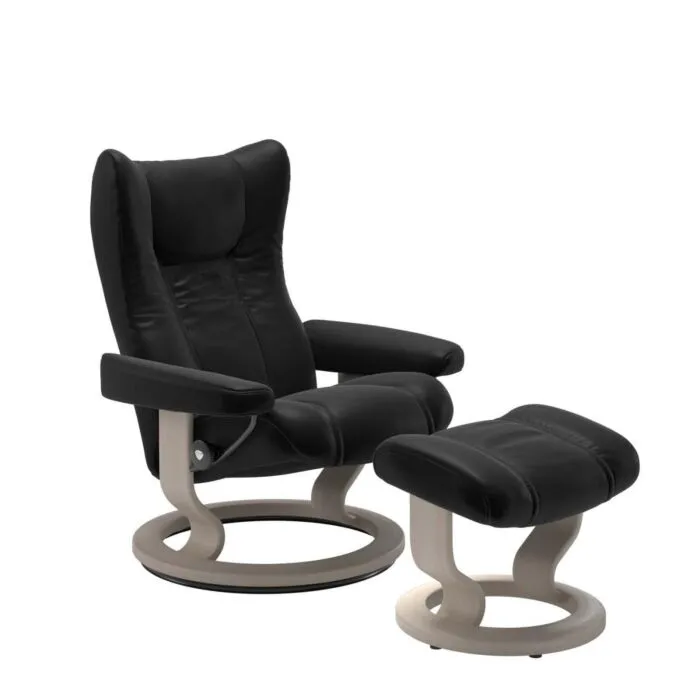 Stressless Wing M Classic relaxfauteuil+hocker-Batick Black-Whitewash Meest Verkocht