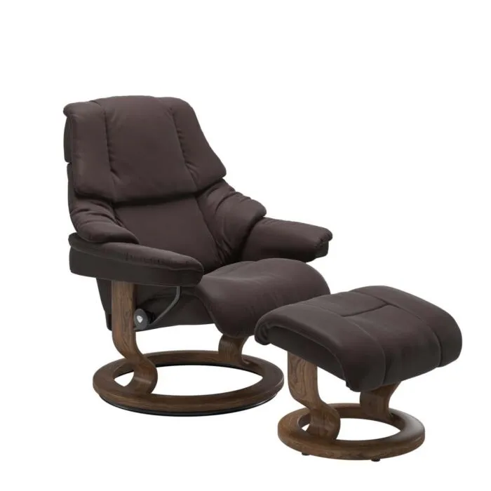 Stressless Reno M Classic relaxfauteuil+hocker-Paloma Chocolate-Teak Snelle Levering