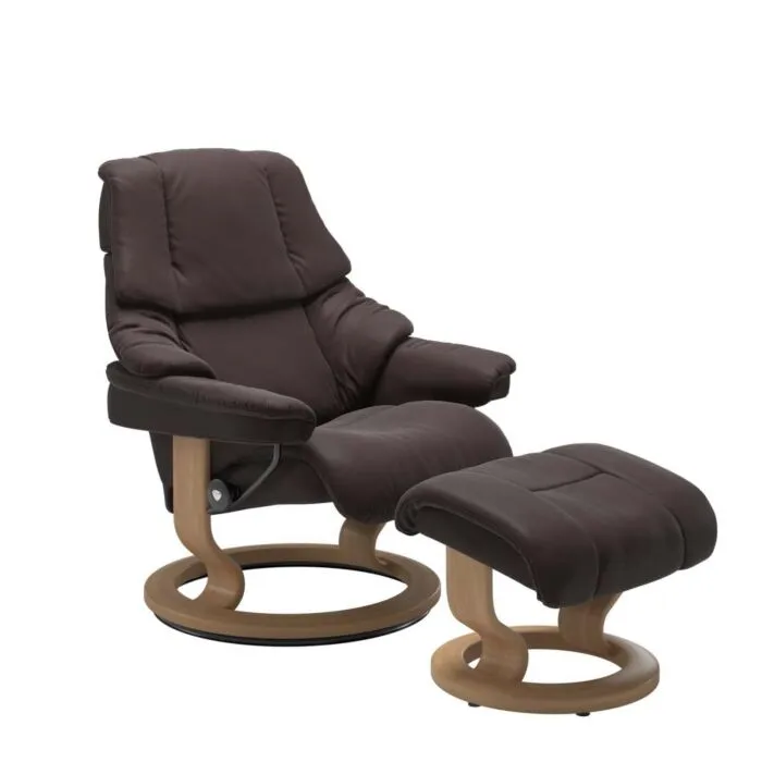 Stressless Reno M Classic relaxfauteuil+hocker-Paloma Chocolate-Eiken Exclusieve Aanbieding