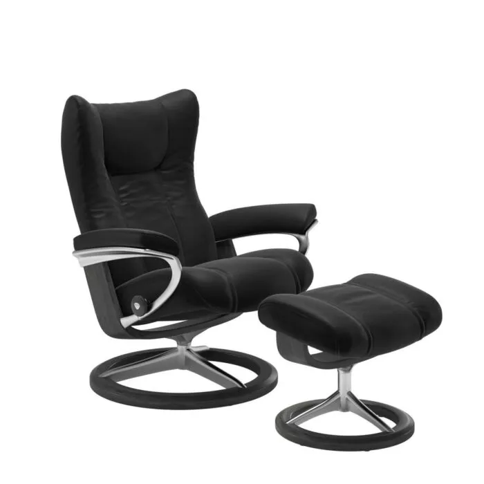 Beperkte Voorraad Stressless Wing M Signature chroom relaxfauteuil+hocker-Paloma Black-Grijs