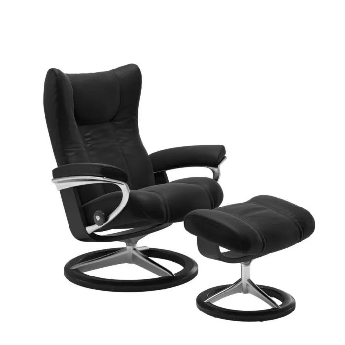 Lage Prijs Stressless Wing M Signature chroom relaxfauteuil+hocker-Paloma Black-Zwart