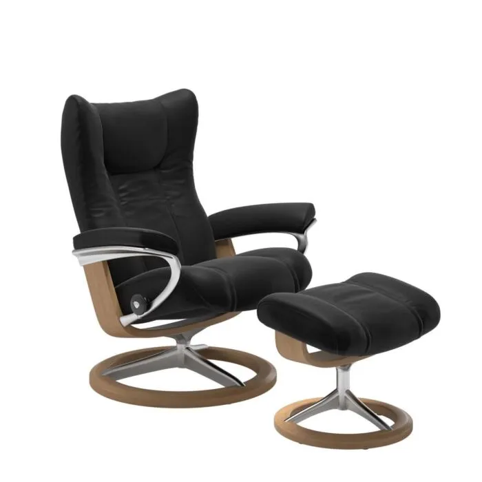 Exclusieve Aanbieding Stressless Wing M Signature chroom relaxfauteuil+hocker-Paloma Black-Eiken