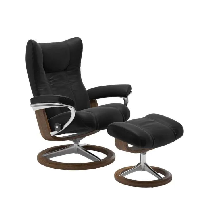 Merkproduct Stressless Wing M Signature chroom relaxfauteuil+hocker-Paloma Black-Teak