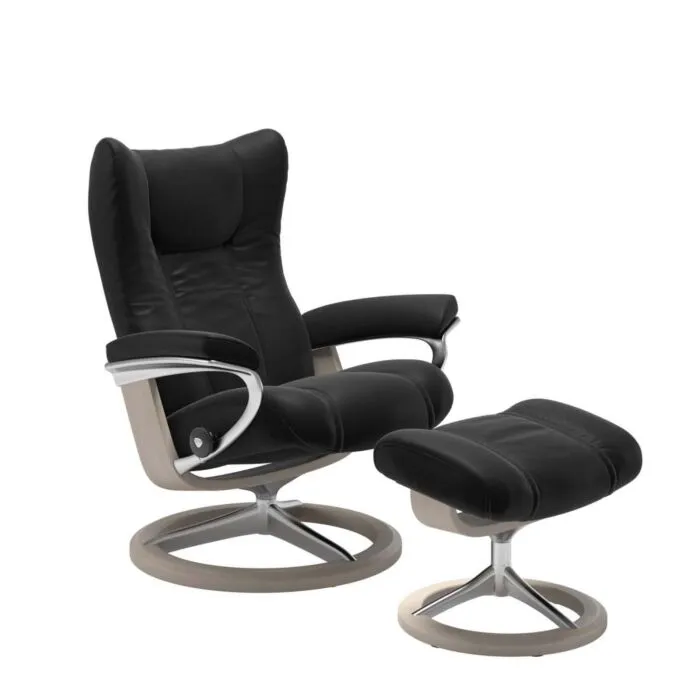 Alleen Vandaag Stressless Wing M Signature chroom relaxfauteuil+hocker-Paloma Black-Whitewash
