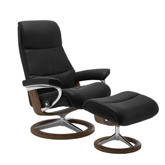 Stressless View M Signature chroom relaxfauteuil+hocker-Paloma Black-Teak Premium