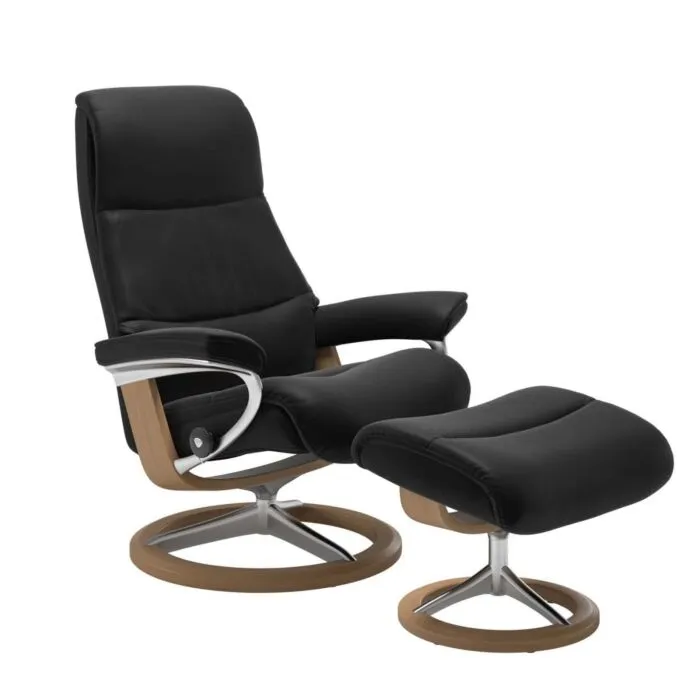 Finale Uitverkoop Stressless View M Signature chroom relaxfauteuil+hocker-Paloma Black-Eiken