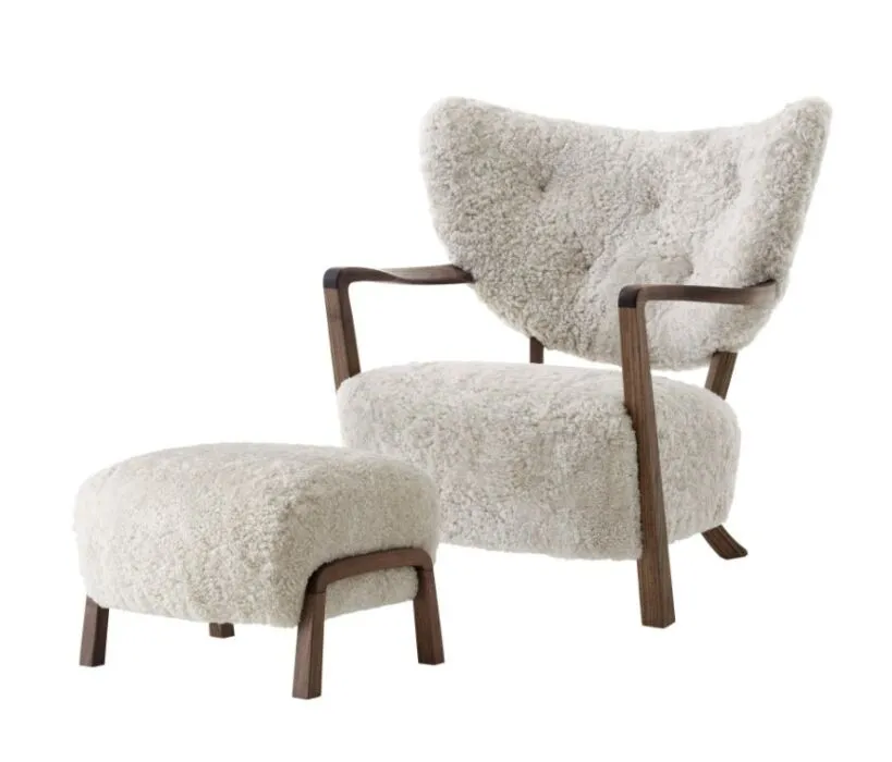 Beperkte Voorraad &tradition Wulff fauteuil + poef oiled walnut-Sheepskin 17mm, Moonlight