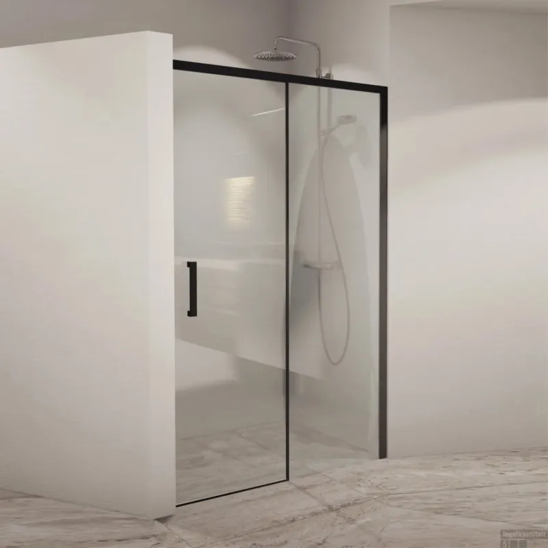 BWS Nisdeur Linea met Vast Paneel 128x200 cm 8 mm Soft Close NANO Glas Zwart Direct Beschikbaar