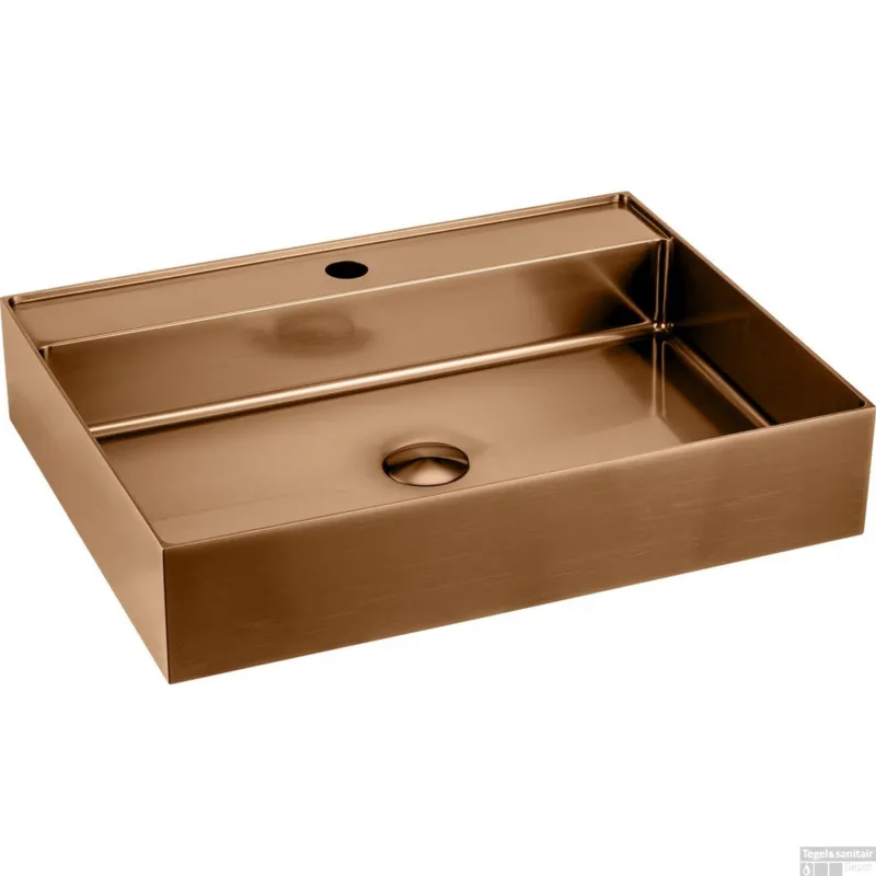 Dagaanbieding Waskom Sapho Aurum Vierkant met Kraangat 50 x 42 cm RVS Mat Koper