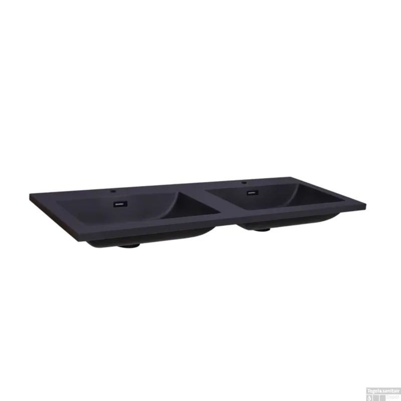 Wastafel Sanilux Quartz Classic 140x47x3 cm Dubbel Mat Zwart (2 kraangaten) Goedkoop