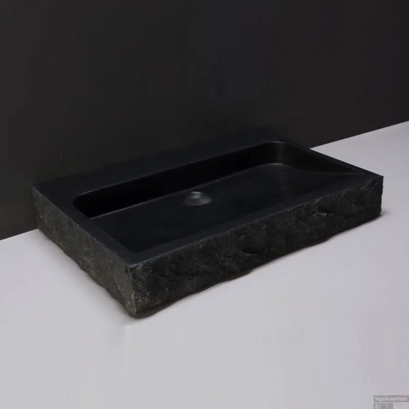 Wastafel Forzalaqua Palermo Graniet Gezoet Gekapt Met Kraangat Zwart 60x40x9 cm Populair
