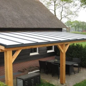 Bestel Nu Veranda Douglas Duplo 120+ polycarbonaatsysteem LT50 200x755 cm | Houten Overkapping aan Huis - Douglas veranda 755x200cm Geschaafd Opaal - EXCLUSIEF BETONPOEREN