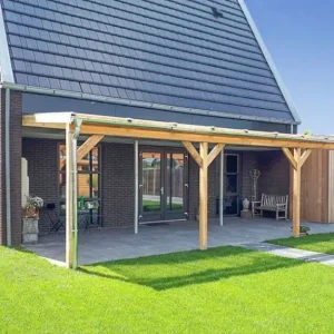 Alleen Vandaag Veranda Douglas Duplo 120+ polycarbonaatsysteem LT20 350x406cm | Houten Overkapping aan Huis - Lariks veranda 406x350cm Geschaafd Opaal- INCLUSIEF BETONPOEREN