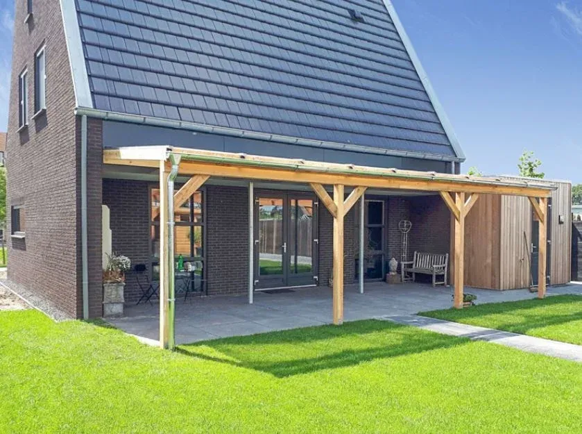 Rechtstreeks Van De Fabrikant Veranda Douglas Duplo 120 polycarbonaatsysteem LT20 400x406cm | Houten Overkapping aan Huis - Lariks veranda 406x400cm Geschaafd Helder- INCLUSIEF BETONPOEREN