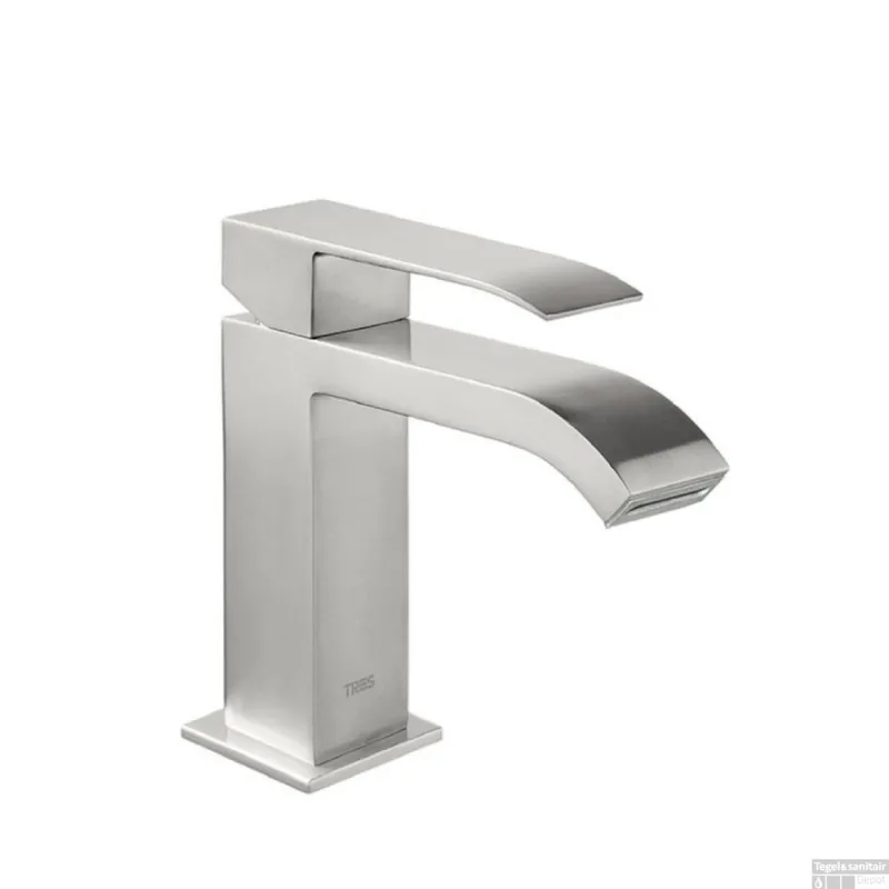 Direct Beschikbaar Wastafelmengkraan Tres Cuadro Exclusive 1-Hendel Uitloop Gebogen 16 cm met Waterval Vierkant RVS