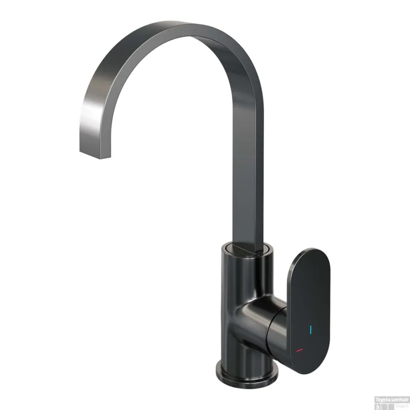 Wastafelmengkraan Brauer Gunmetal Edition Coldstart Opbouw Hoog Plat Gebogen Platte Hendel Geborsteld Gunmetal PVD Voordeelprijs