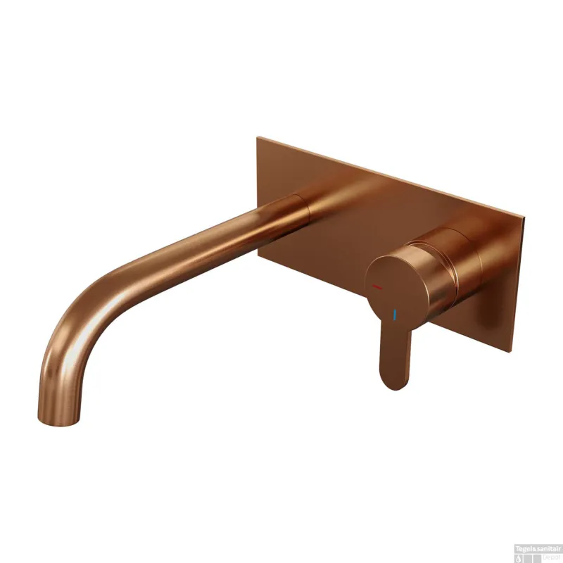 Bestseller Inbouw Wastafelmengkraan Brauer Copper Edition Coldstart Gebogen Uitloop Korte Platte Hendel Rechts Geborsteld Koper PVD Met Afdekplaat