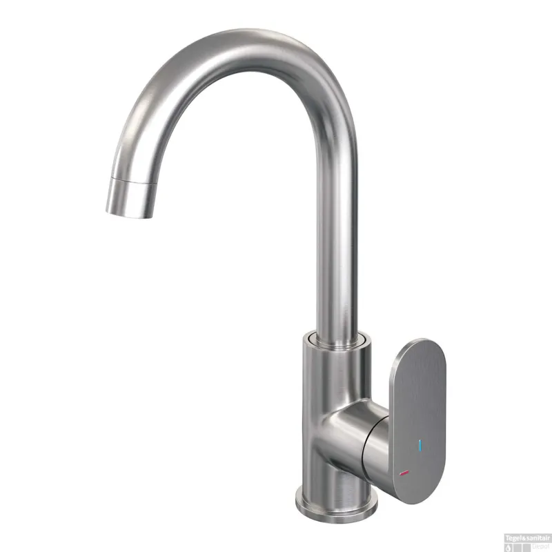 Wastafelmengkraan Brauer Brushed Edition Coldstart Opbouw Hoog Gebogen Platte Hendel Geborsteld RVS PVD Must-Have