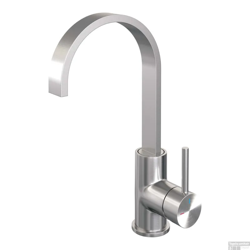 Wastafelmengkraan Brauer Brushed Edition Coldstart Opbouw Hoog Plat Gebogen Ronde Hendel Geborsteld RVS PVD Uitverkoop