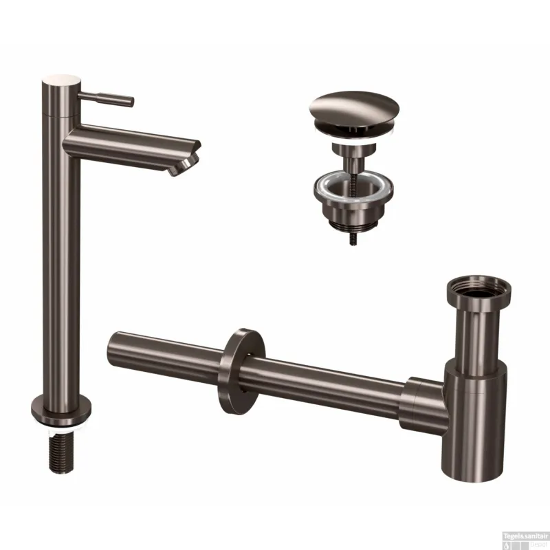 Betaalbaar Fonteinkraanset INK Hoog Model Inclusief Waste en Design Sifon Metal Black
