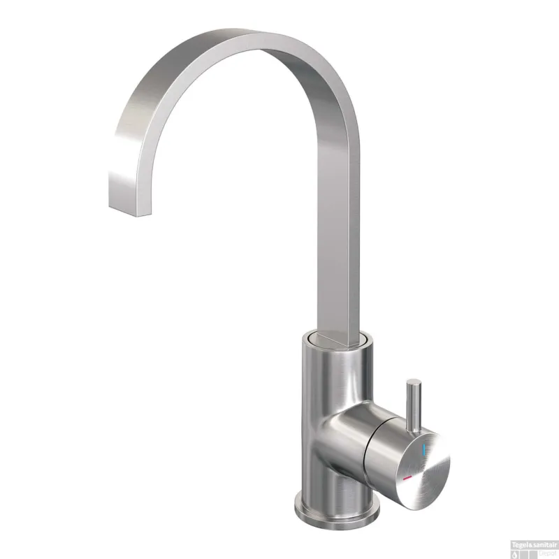 Wastafelmengkraan Brauer Brushed Edition Coldstart Opbouw Hoog Plat Gebogen Korte Ronde Hendel Geborsteld RVS PVD Laatste Versie
