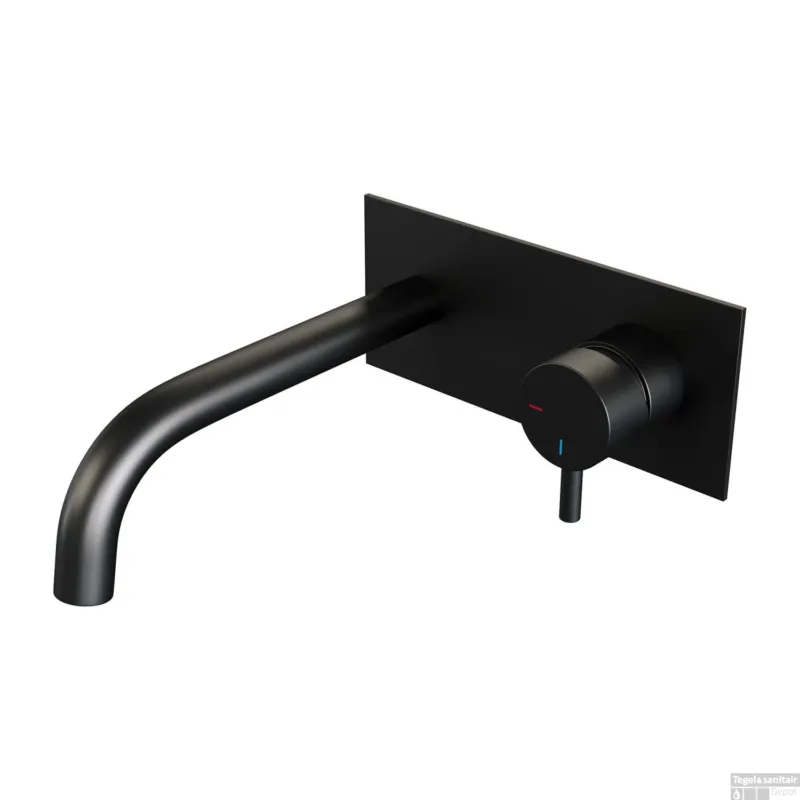 Nu Kopen Inbouw Wastafelmengkraan Brauer Black Edition Coldstart Gebogen Uitloop Korte Ronde Hendel Rechts Mat Zwart Met Afdekplaat