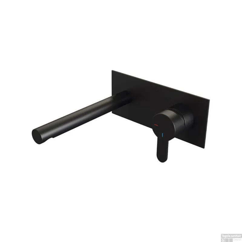 Premium Inbouw Wastafelmengkraan Brauer Black Edition Coldstart Rechte Uitloop Korte Platte Hendel Rechts Mat Zwart Met Afdekplaat