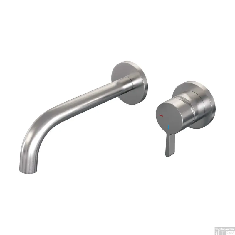 Bestel Nu Inbouw Wastafelmengkraan Brauer Brushed Edition Coldstart Gebogen Uitloop Halfronde Hendel Rechts Geborsteld RVS PVD Met Rozetten