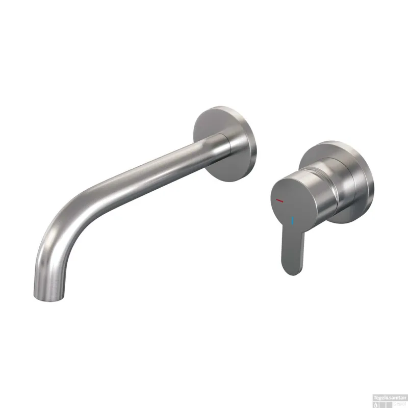 Weekendaanbieding Inbouw Wastafelmengkraan Brauer Brushed Edition Coldstart Gebogen Uitloop Korte Platte Hendel Rechts Geborsteld RVS PVD Met Rozetten