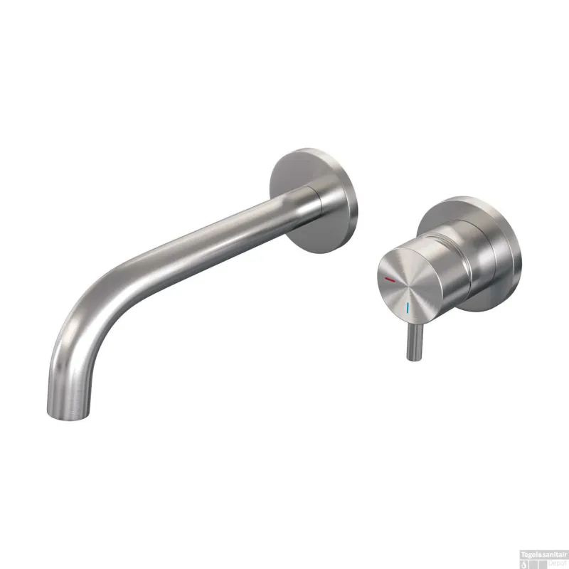 Inbouw Wastafelmengkraan Brauer Brushed Edition Coldstart Gebogen Uitloop Korte Ronde Hendel Rechts Geborsteld RVS PVD Met Rozetten Hete Deal