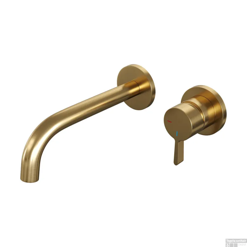 Beperkt Aanbod Inbouw Wastafelmengkraan Brauer Gold Edition Coldstart Gebogen Uitloop Halfronde Hendel Rechts Geborsteld Goud PVD Met Rozetten