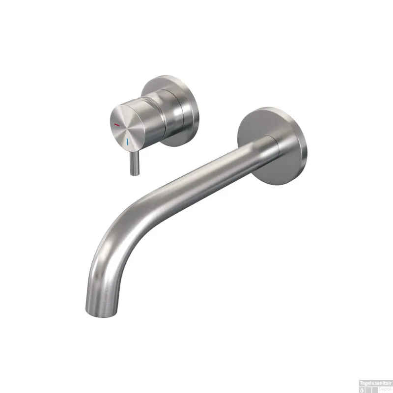 Inbouw Wastafelmengkraan Brauer Brushed Edition Coldstart Gebogen Uitloop Korte Ronde Hendel Links Geborsteld RVS PVD Met Rozetten Hoge Kwaliteit