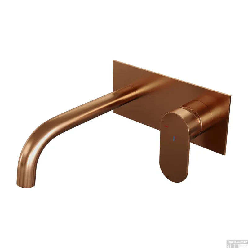 Op = Op Inbouw Wastafelmengkraan Brauer Copper Edition Coldstart Gebogen Uitloop Platte Hendel Rechts Geborsteld Koper PVD Met Afdekplaat