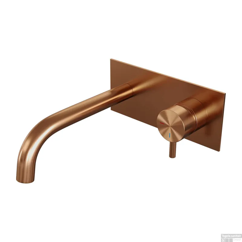 Veilige Betaling Inbouw Wastafelmengkraan Brauer Copper Edition Coldstart Gebogen Uitloop Korte Ronde Hendel Rechts Geborsteld Koper PVD Met Afdekplaat