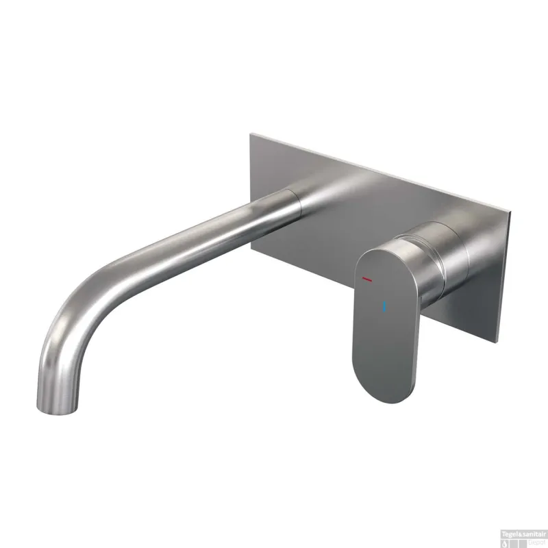 Nu Kopen Inbouw Wastafelmengkraan Brauer Brushed Edition Coldstart Gebogen Uitloop Platte Hendel Rechts Geborsteld RVS PVD Met Afdekplaat