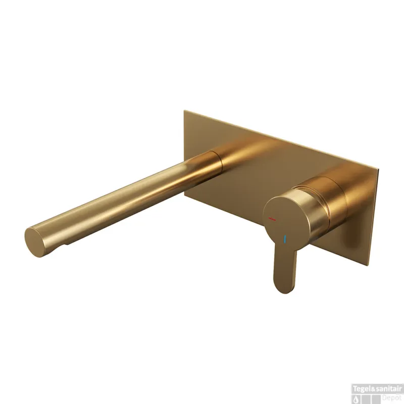 Inbouw Wastafelmengkraan Brauer Gold Edition Coldstart Rechte Uitloop Korte Platte Hendel Rechts Geborsteld Goud PVD Met Afdekplaat Op = Op
