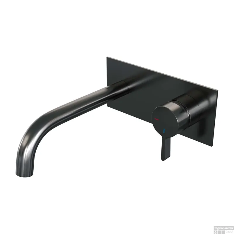 Veilige Betaling Inbouw Wastafelmengkraan Brauer Gunmetal Edition Coldstart Gebogen Uitloop Halfronde Hendel Rechts Geborsteld Gunmetal PVD Met Afdekplaat