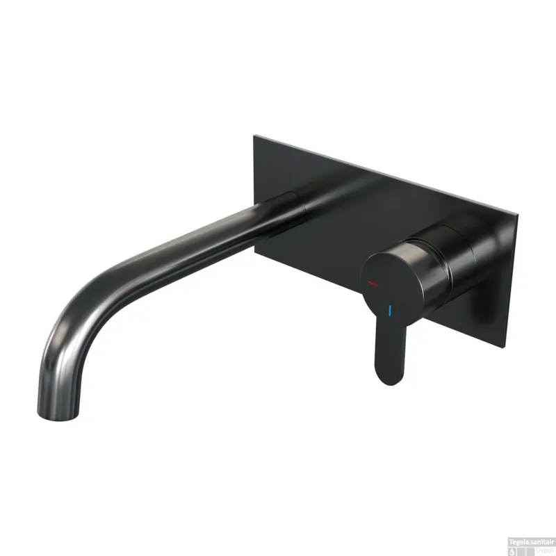Aanbieding Inbouw Wastafelmengkraan Brauer Gunmetal Edition Coldstart Gebogen Uitloop Korte Platte Hendel Rechts Geborsteld Gunmetal PVD Met Afdekplaat