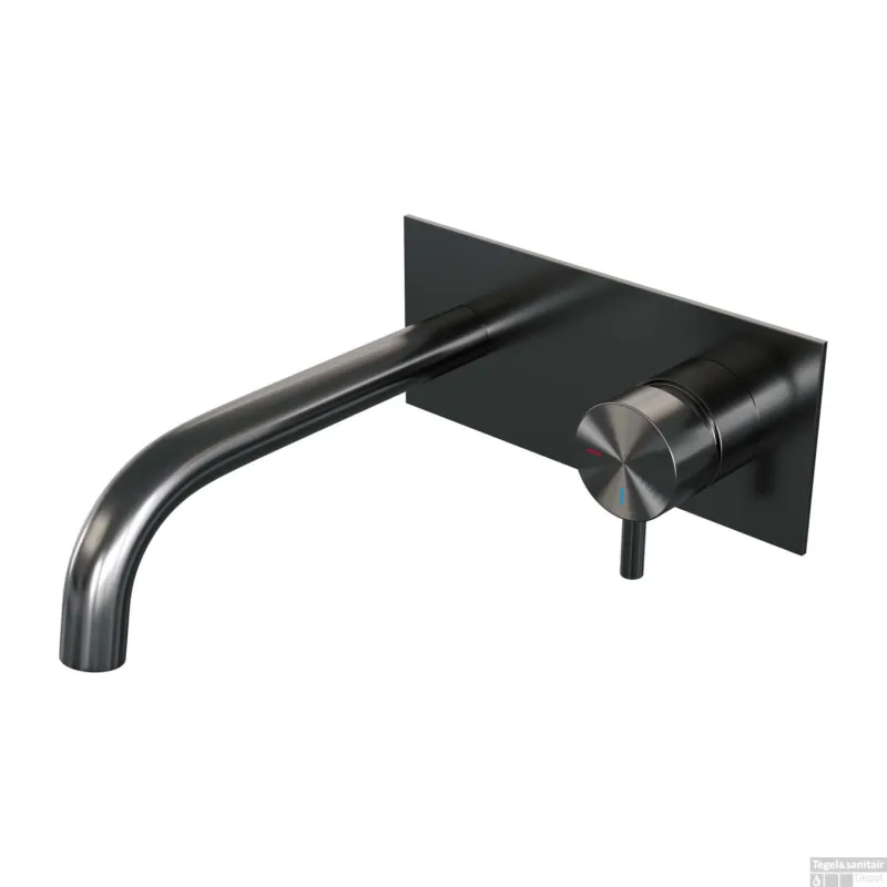 Inbouw Wastafelmengkraan Brauer Gunmetal Edition Coldstart Gebogen Uitloop Korte Ronde Hendel Rechts Geborsteld Gunmetal PVD Met Afdekplaat Express Levering