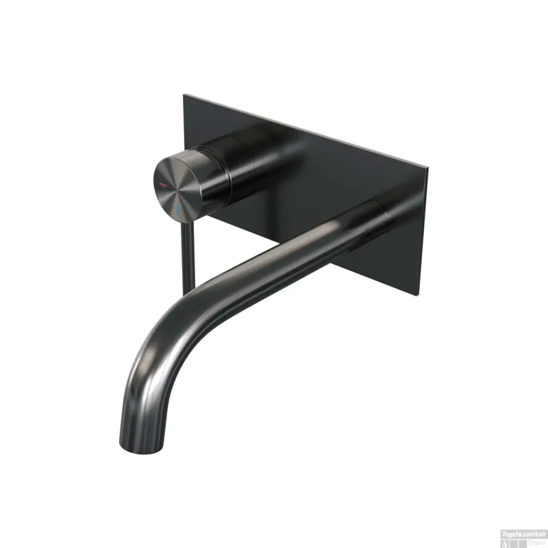 Beste Prijs Inbouw Wastafelmengkraan Brauer Gunmetal Edition Coldstart Gebogen Uitloop Ronde Hendel Links Geborsteld Gunmetal PVD Met Afdekplaat