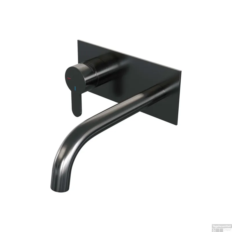 Bestel Nu Inbouw Wastafelmengkraan Brauer Gunmetal Edition Coldstart Gebogen Uitloop Korte Platte Hendel Links Geborsteld Gunmetal PVD Met Afdekplaat