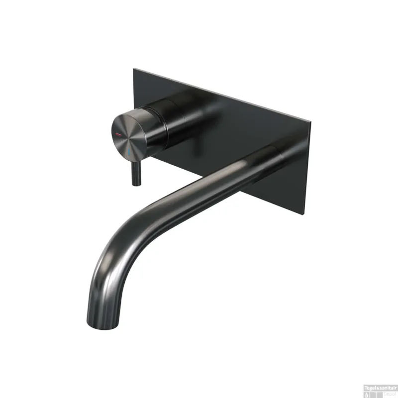 Veilige Betaling Inbouw Wastafelmengkraan Brauer Gunmetal Edition Coldstart Gebogen Uitloop Korte Ronde Hendel Links Geborsteld Gunmetal PVD Met Afdekplaat