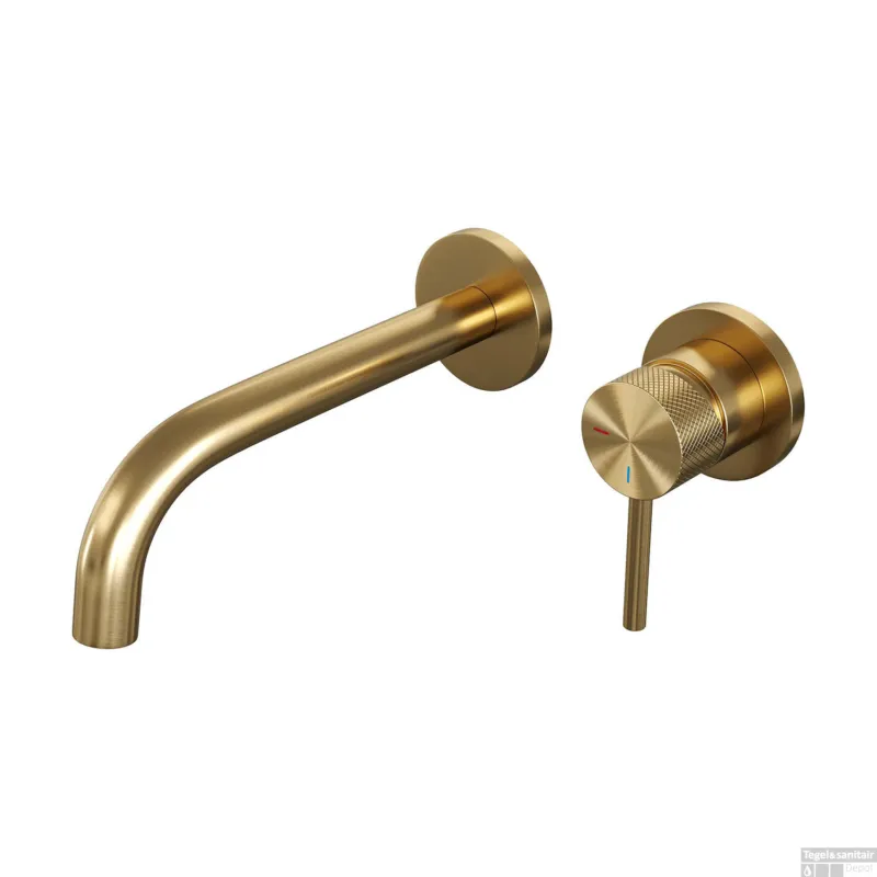 Speciale Aanbieding Inbouw Wastafelmengkraan Brauer Gold Carving Coldstart Gebogen Uitloop Ronde Hendel Rechts Geborsteld Goud PVD Met Rozetten