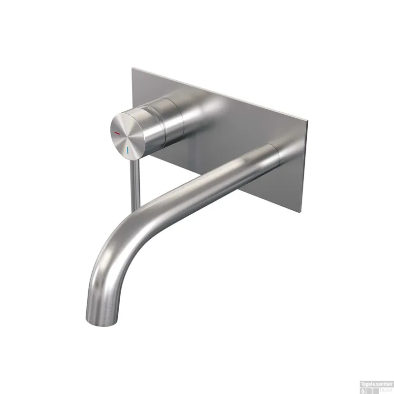 Inbouw Wastafelmengkraan Brauer Brushed Edition Coldstart Gebogen Uitloop Ronde Hendel Links Geborsteld RVS PVD Met Afdekplaat Op = Op
