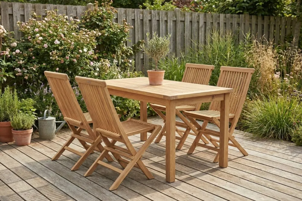 Bistro Teakhouten Tuinset | Tuintafel met 4 Vouwstoelen Merkproduct