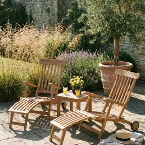 Laatste Kans Teakea Florida Tuinset: Verrijdbare Deckchairs & salontafel met Onderblad
