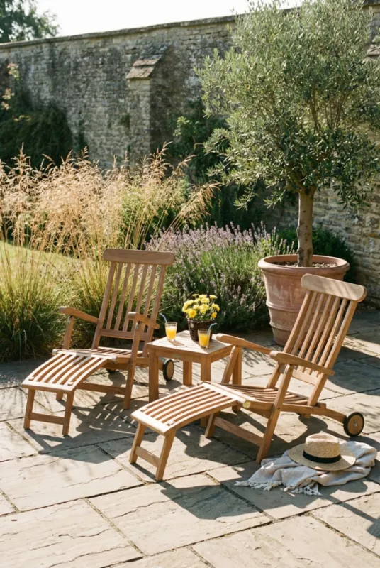 Laatste Kans Teakea Florida Tuinset: Verrijdbare Deckchairs & salontafel met Onderblad