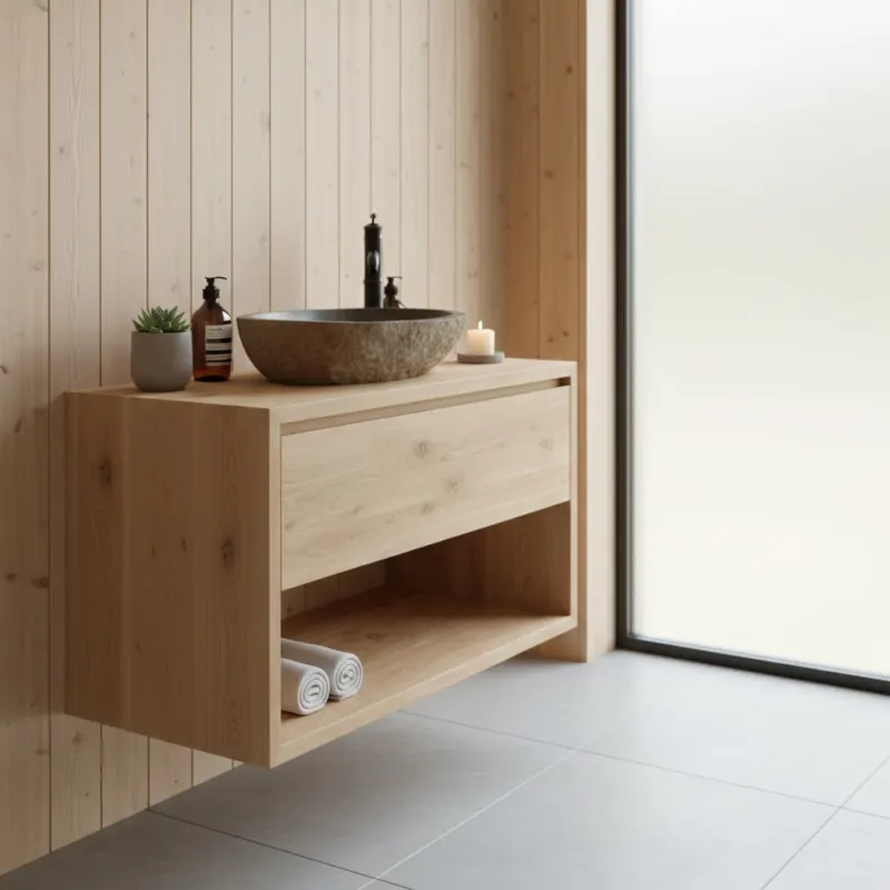 Zwevend Badmeubel Massief Eiken – Inclusief Natuurstenen Waskom – 60 t/m 120 cm (Maatwerk Mogelijk) Beste Prijs