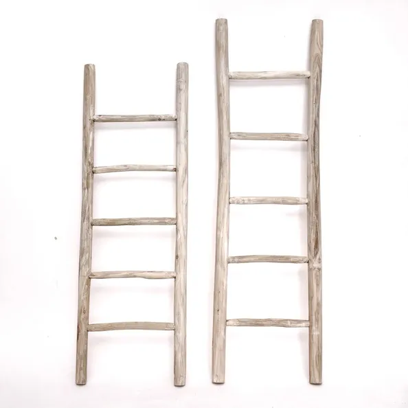 White Oiled Teakhouten Decoratieladder - 175 cm - Massief Teak - Luxe White Wash Handdoekrek Seizoensaanbieding