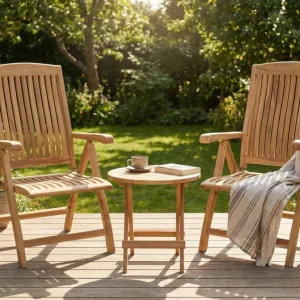 Twee Linda Teakhouten Tuinstoelen | Vijf Standen Verstelbaar | 1 Rondo bijzettafel Nu Kopen